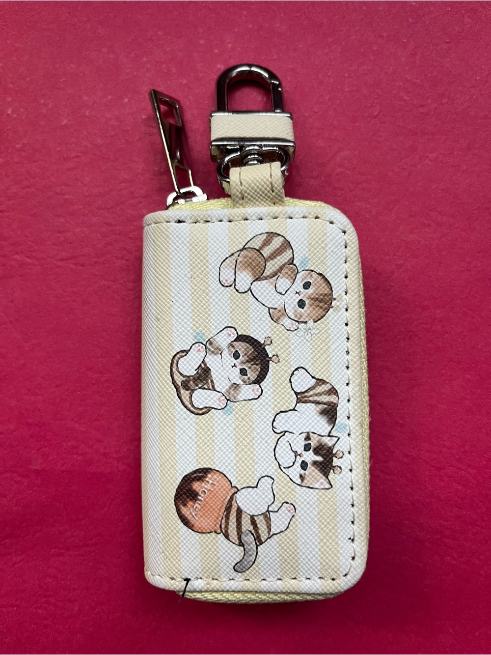 Beige Cat Print Key Pouch with Clip